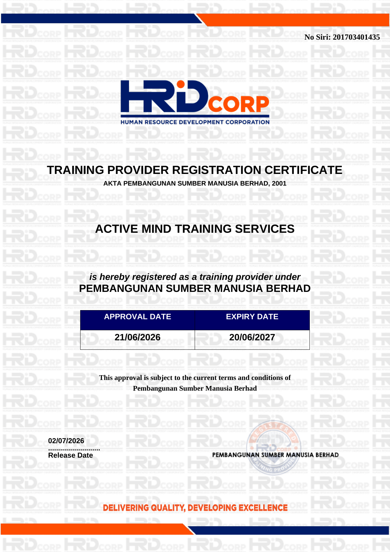 HRD Corp Training Provider Registration Certificate